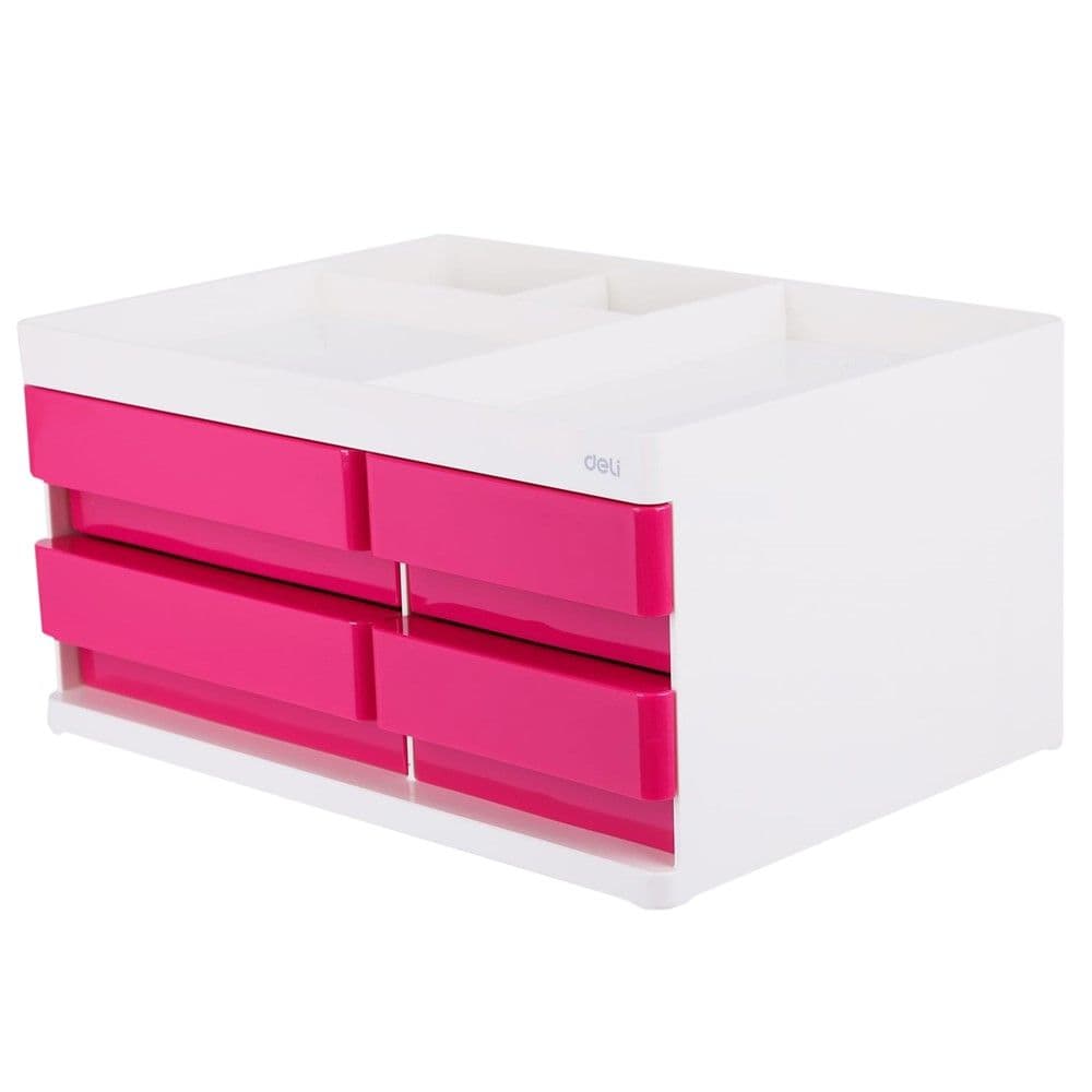 Mbajtëse dokumentash me 4 sirtarë me 3 vende për mbajtëse aksesorësh, 13.1X18.9X26.4cm, plastik, bardhe, roze