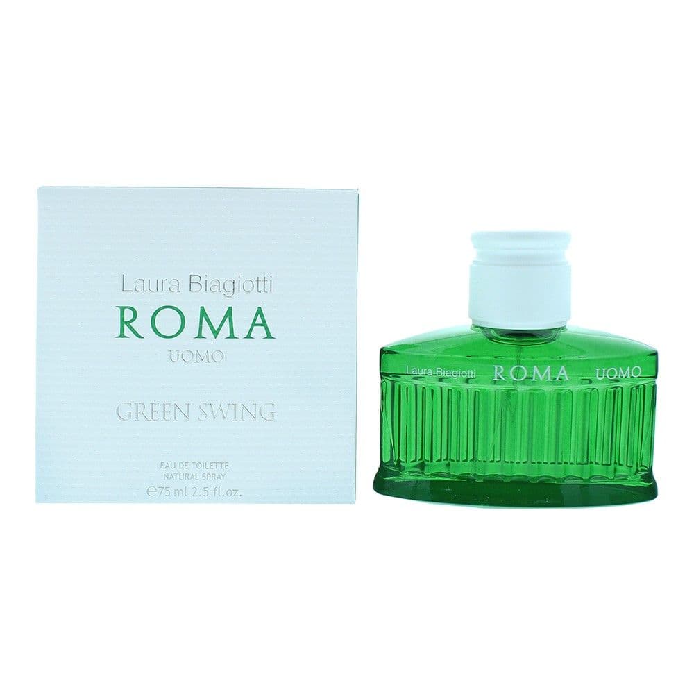 Parfum për meshkuj, EDT, Roma Uomo, Green Swing, Laura Biagiotti, qelq, 75 ml, e gjelbër dhe e bardhë, 1 copë