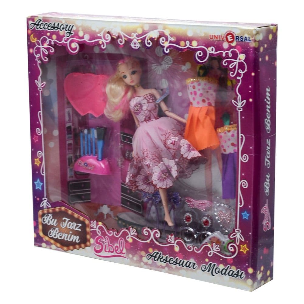 Set kukull me aksesorë për fëmijë, Sibel, Fashion Time, plastikë dhe poliestër sintetike, 6x23x32.5 cm, mikse, 12 copë