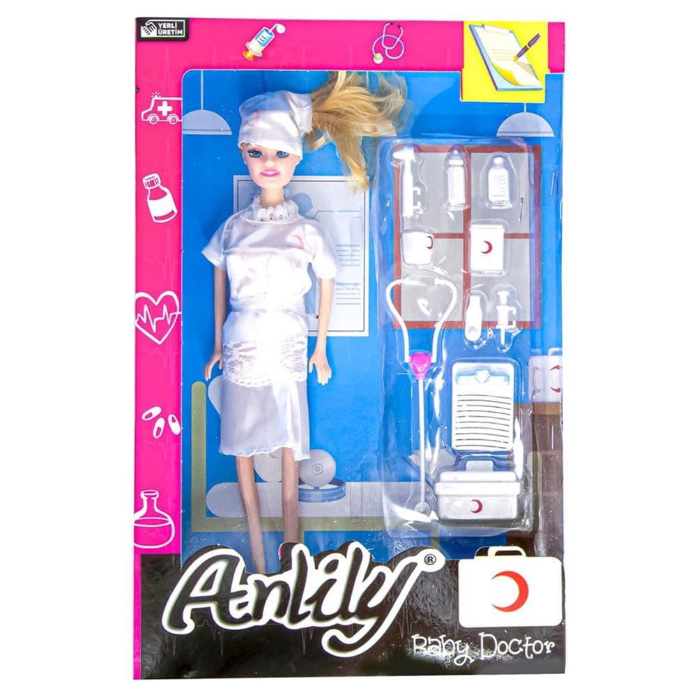 Set kukull doktoreshë me aksesorë, Anlily, plastikë dhe poliestër sintetike, 29 cm, rozë, 1 copë