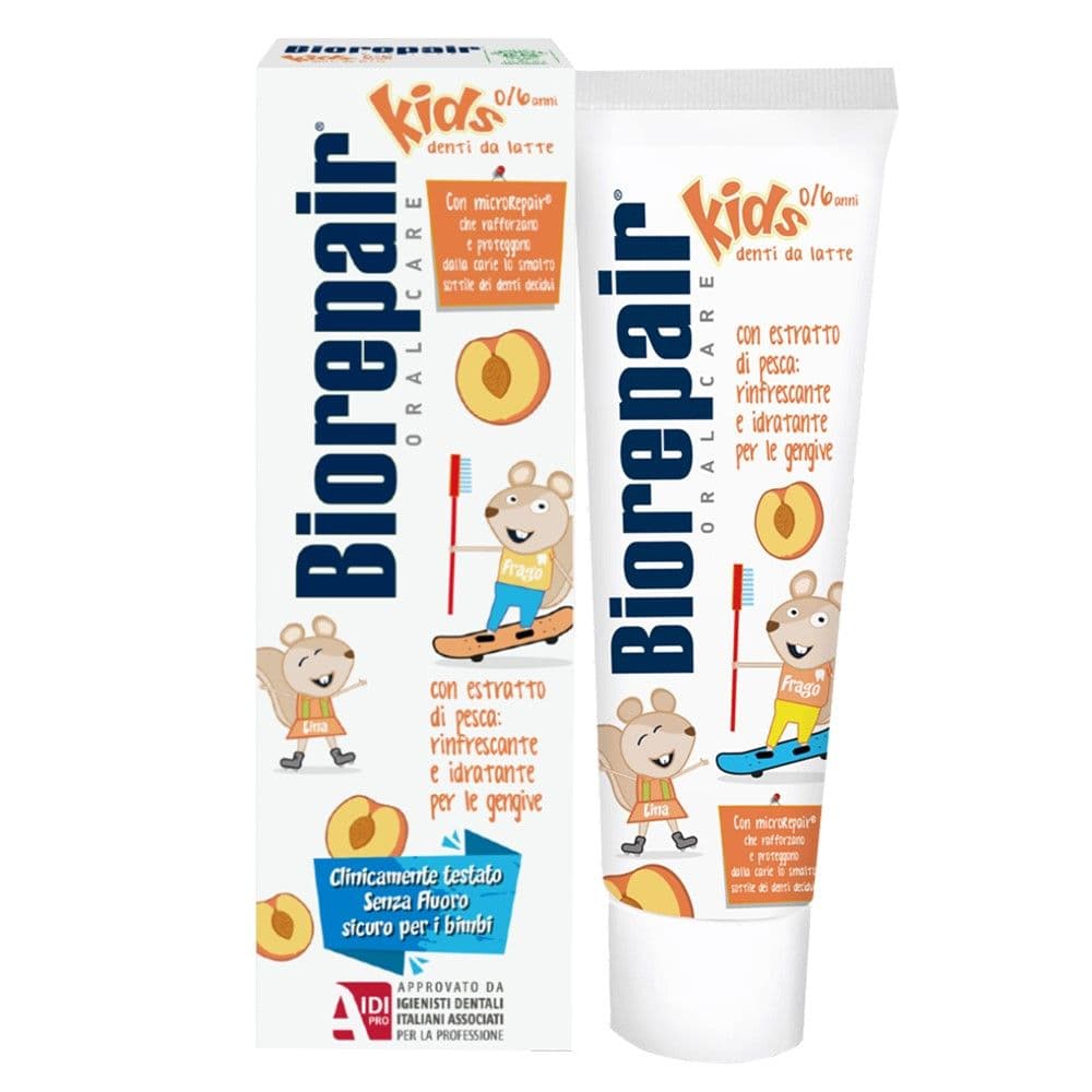 Pastë dhëmbësh mbrojtëse për fëmijë, Peach, Biorepair, plastikë, 50 ml, e bardhë dhe portokalli, 1 copë