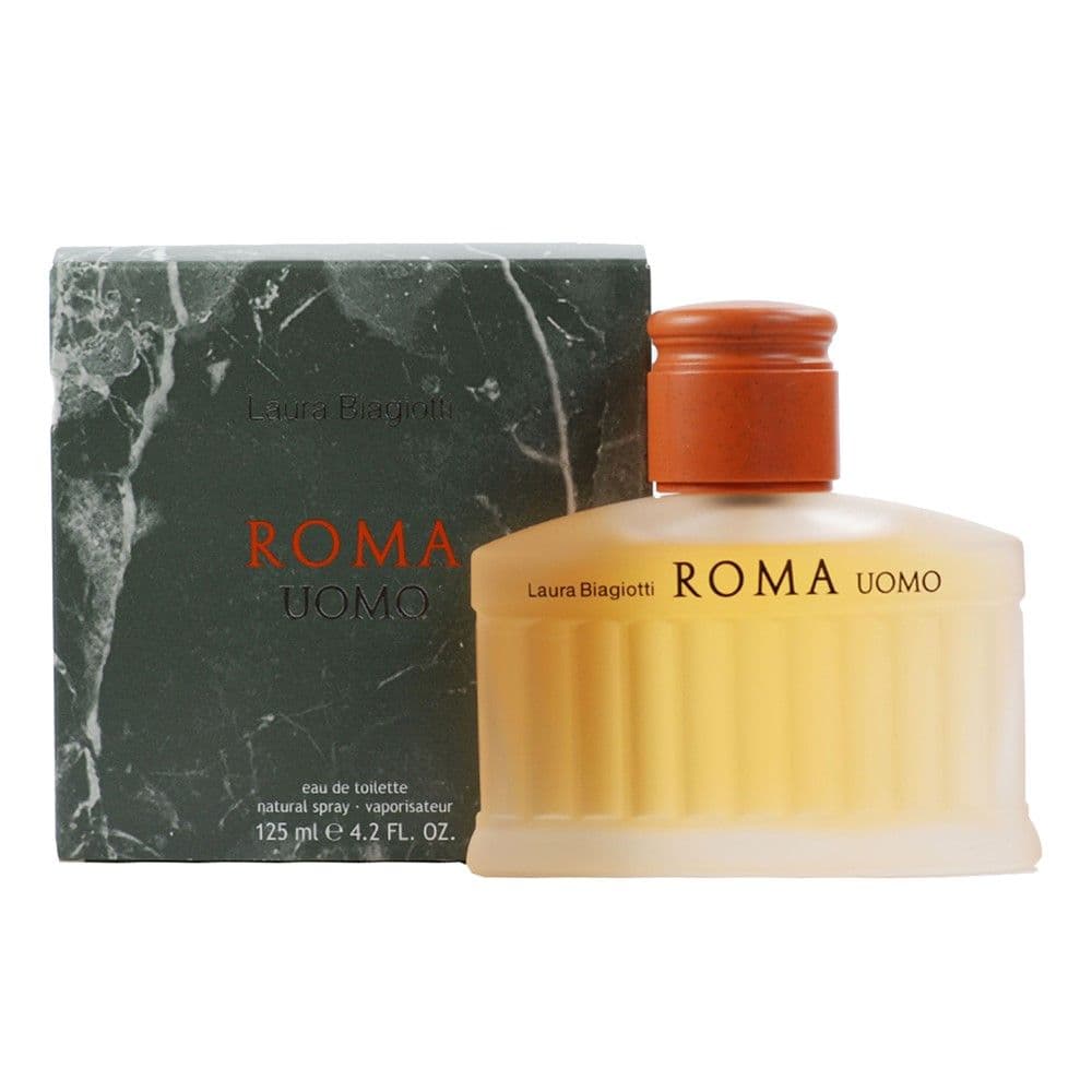 Parfum për meshkuj, Roma Uomo, Laura Biagiotti, EDT, qelq, 125 ml, portokalli dhe kafe, 1 copë