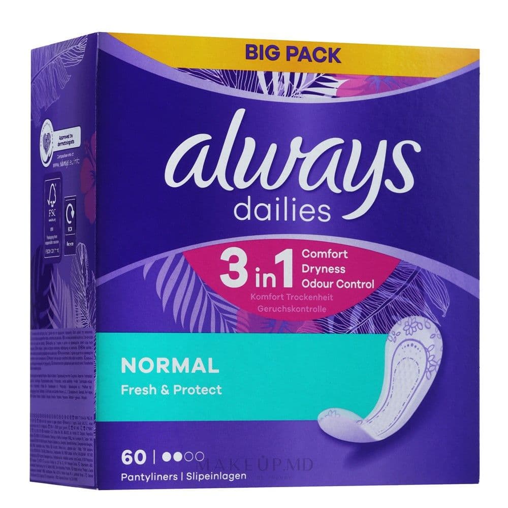Peceta higjienike për mbrojtje ditore, Dailies 3in1 Normal, Always, 60 copë