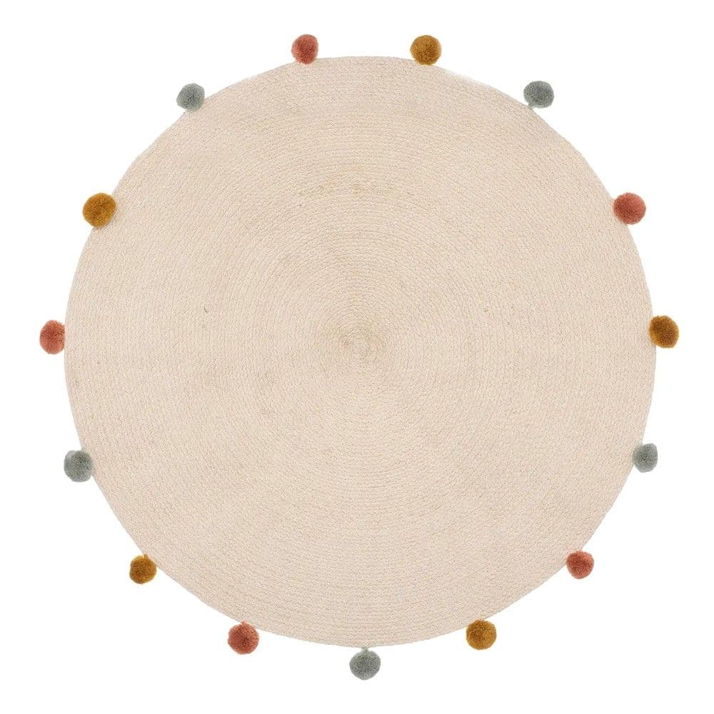Tapet rrethor me pompom për fëmijë, pambuk, 90x90 cm, natyrale, 1 copë