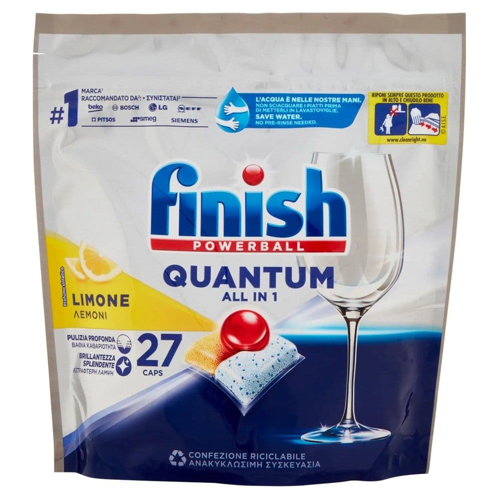 Detergjent enësh në formë kapsule, Finish quantum, all in 1, limon, 27 kapsula, 1 pako