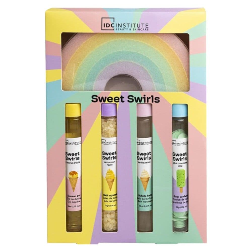 Set dushi, IDC Institute, Sweet Swirls Rainbow, 70gr bath crystals, 60ml shower gel, 60ml bubble bath, 15gr bath confetti, rainbow sponge, 1 pako