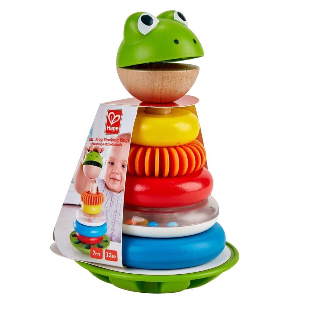 Lodër për fëmijë, Hape, Mr. Frog stacking rings, druri, 12x12x18.6 cm, mikse, +12 muajsh, 1 copë