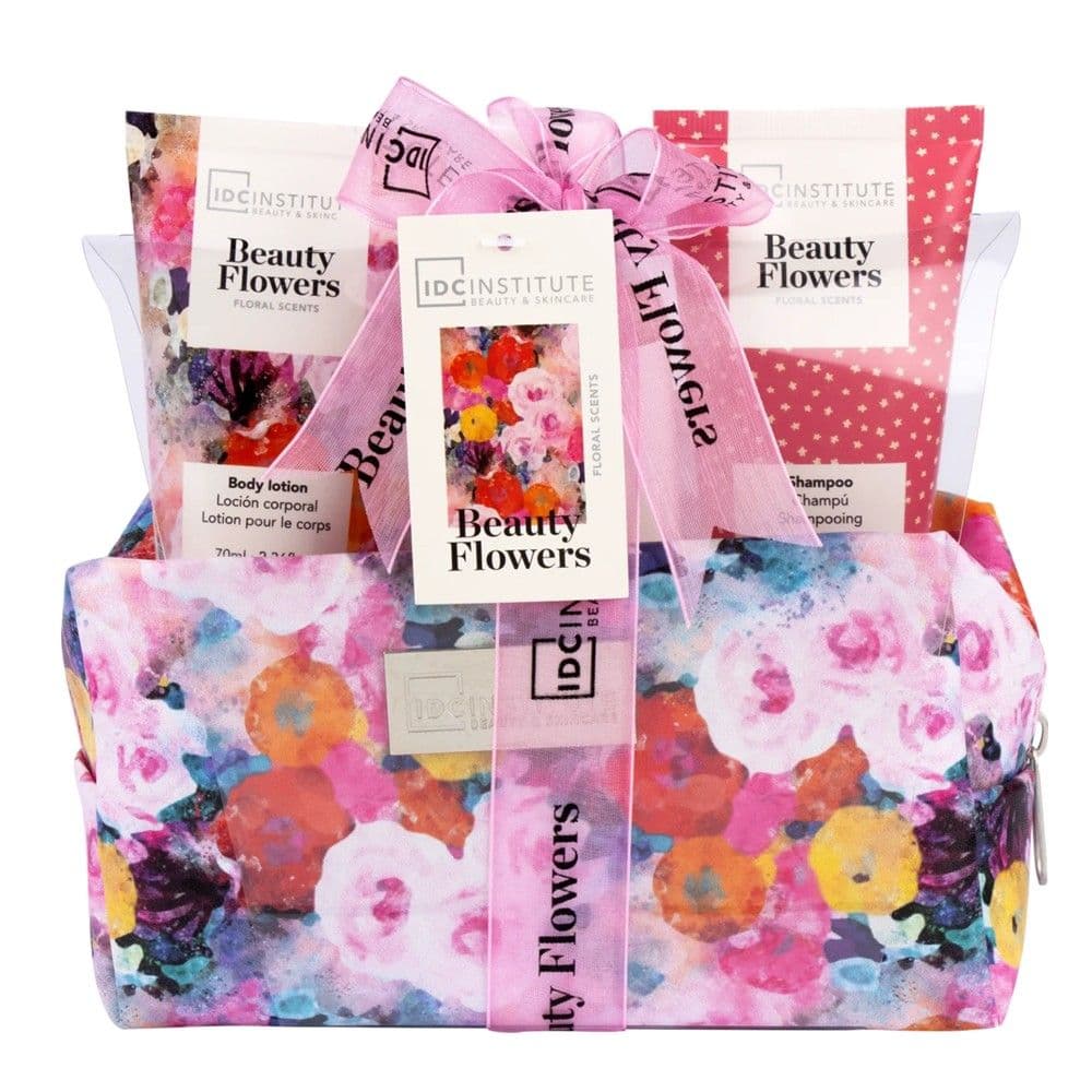 Set dushi, IDC Institute, Beauty Flowers, travel bag, 70 ml shampo, 100 ml xhel dushi, 70 ml lotion trupi, 1 pako