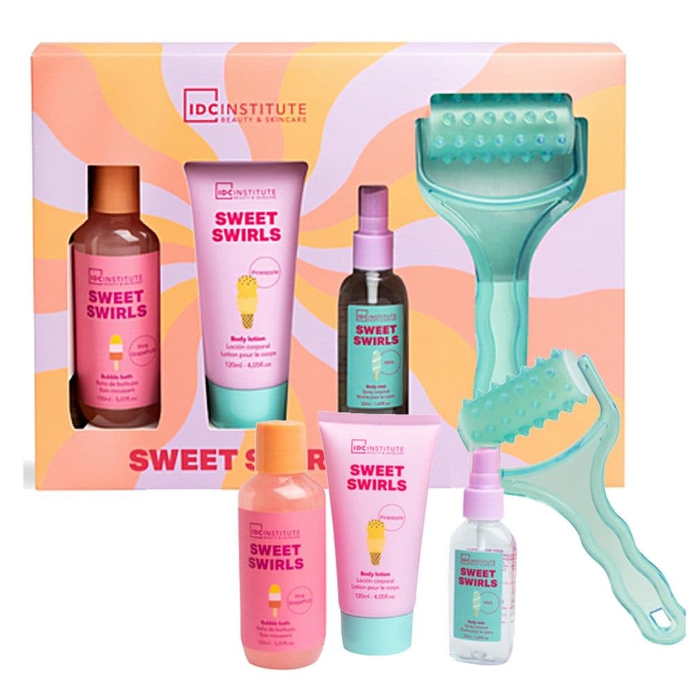 Set kujdesi për trupin, IDC, Sweet Swirls, Bubble bath 150 ml, body lotion 120 ml, body spray 50 ml, rul masazhues, 1 pako