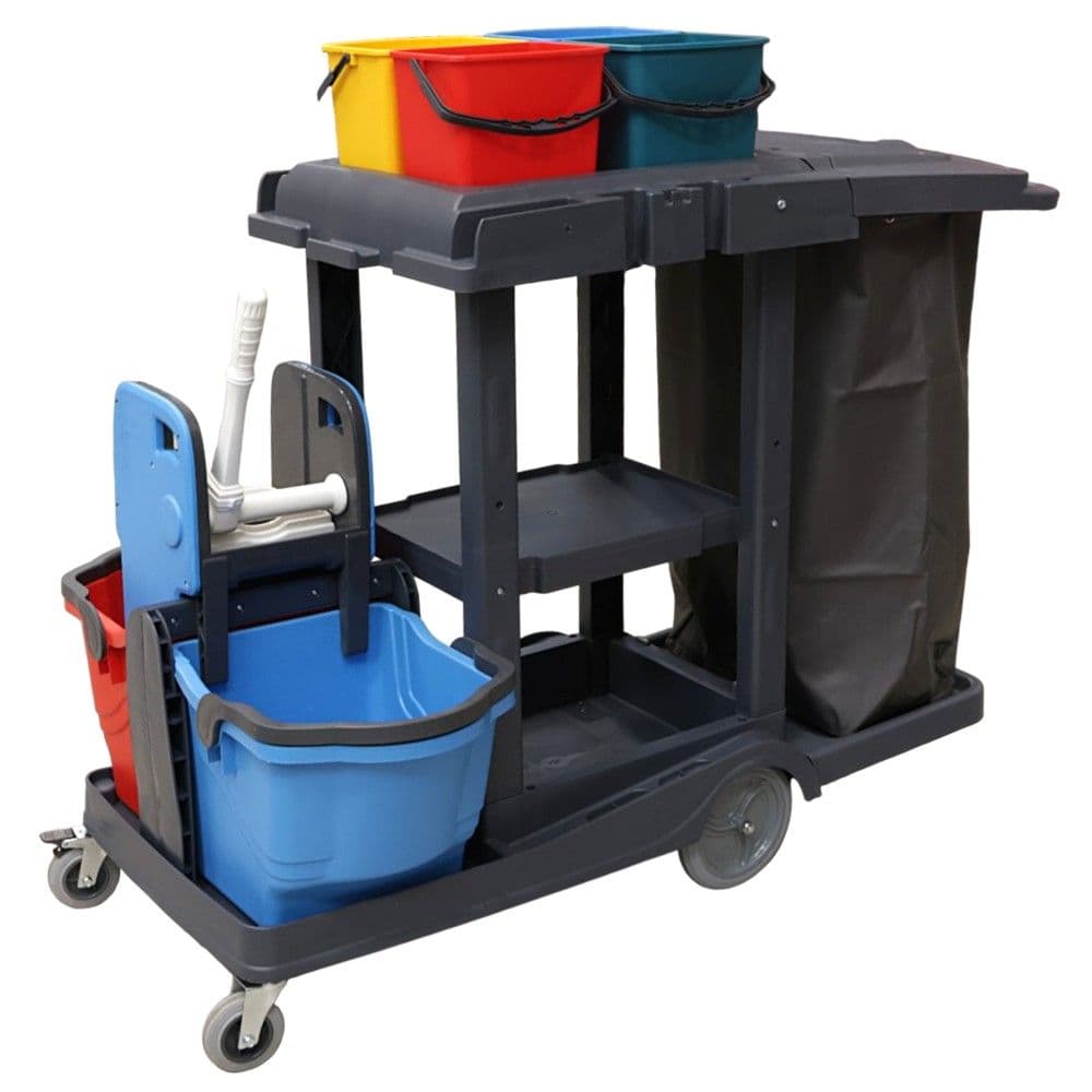 Set karrocë pastrimi, plastike, kosh mbeturinash 120 lt, 4x5 lt, 2x18 lt, 140x53x100 cm, mikse, 1 copë