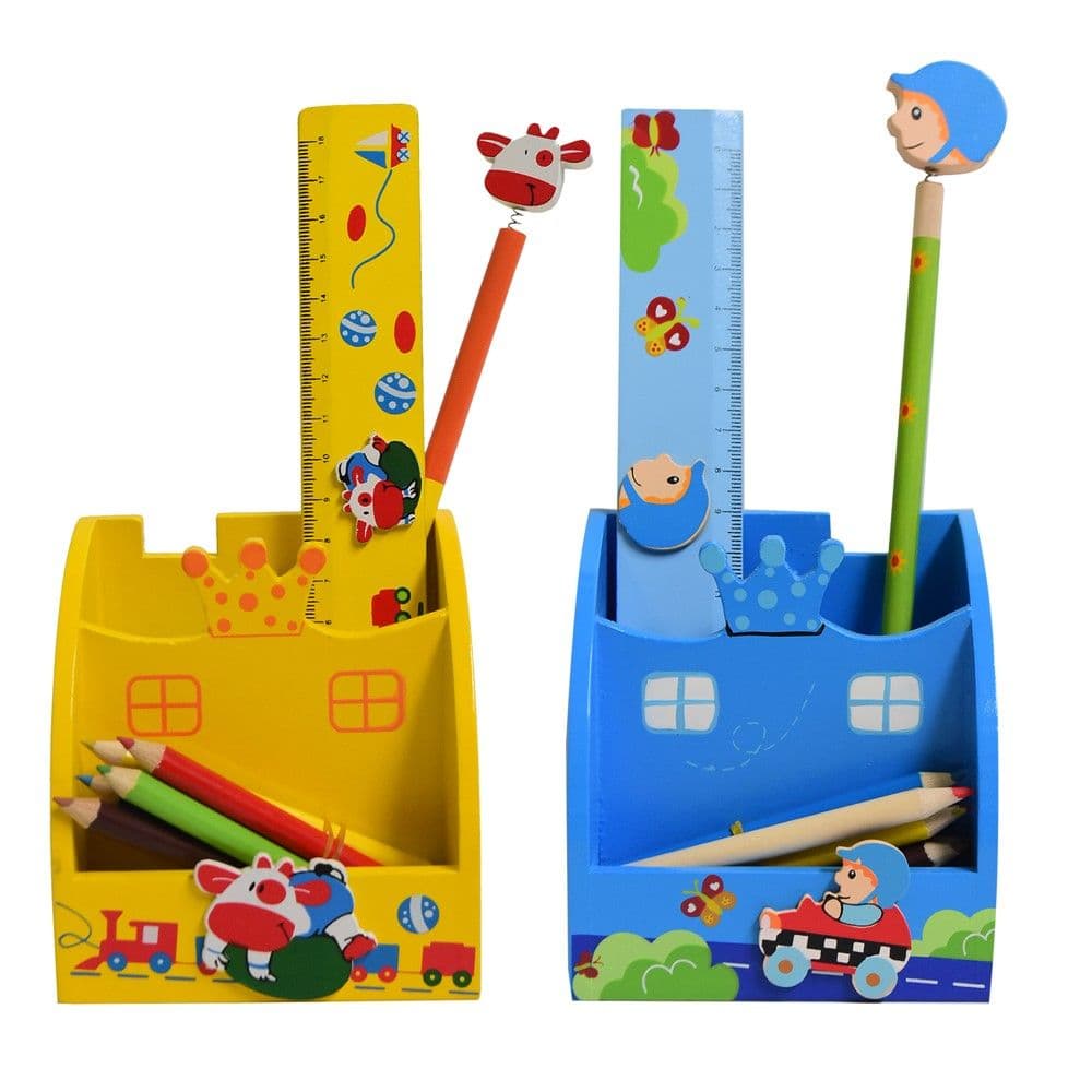 Set mbajtëse kancelarie dhe aksesorë për fëmijë, Fancy, Niji, plastikë dhe dru, 9x7.5x5 cm, mikse, 8 copë