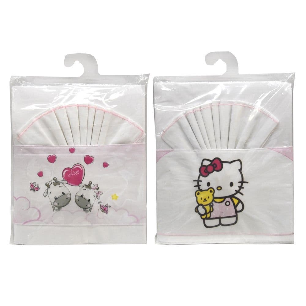Set çarçafë për krevat fëmijësh, me stampime, pambuk, 1x(170x120)+1x(120x60)+1x(58x38) cm, e bardhë dhe rozë, 3 copë