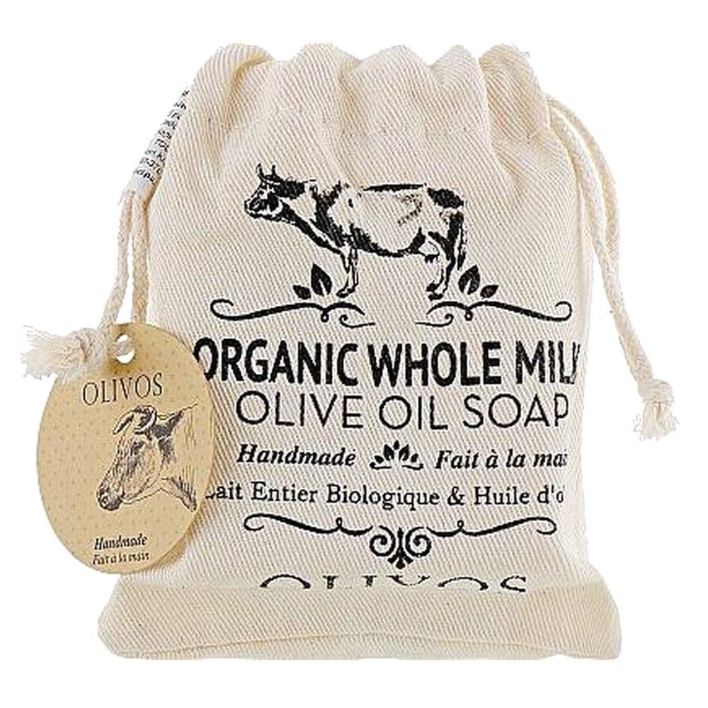 Sapun Organic Whole Milk, Olivos, me qumësht të papërpunuar, i cili zbardh lëkurën dhe i jep një shkëlqim natyral.