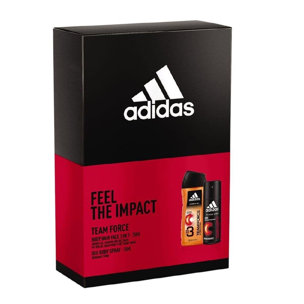 Set shampo trupi dhe deodorant Team Force, Adidas, plastikë dhe metal, 250+150 ml, e kuqe dhe e zezë, 2 copë