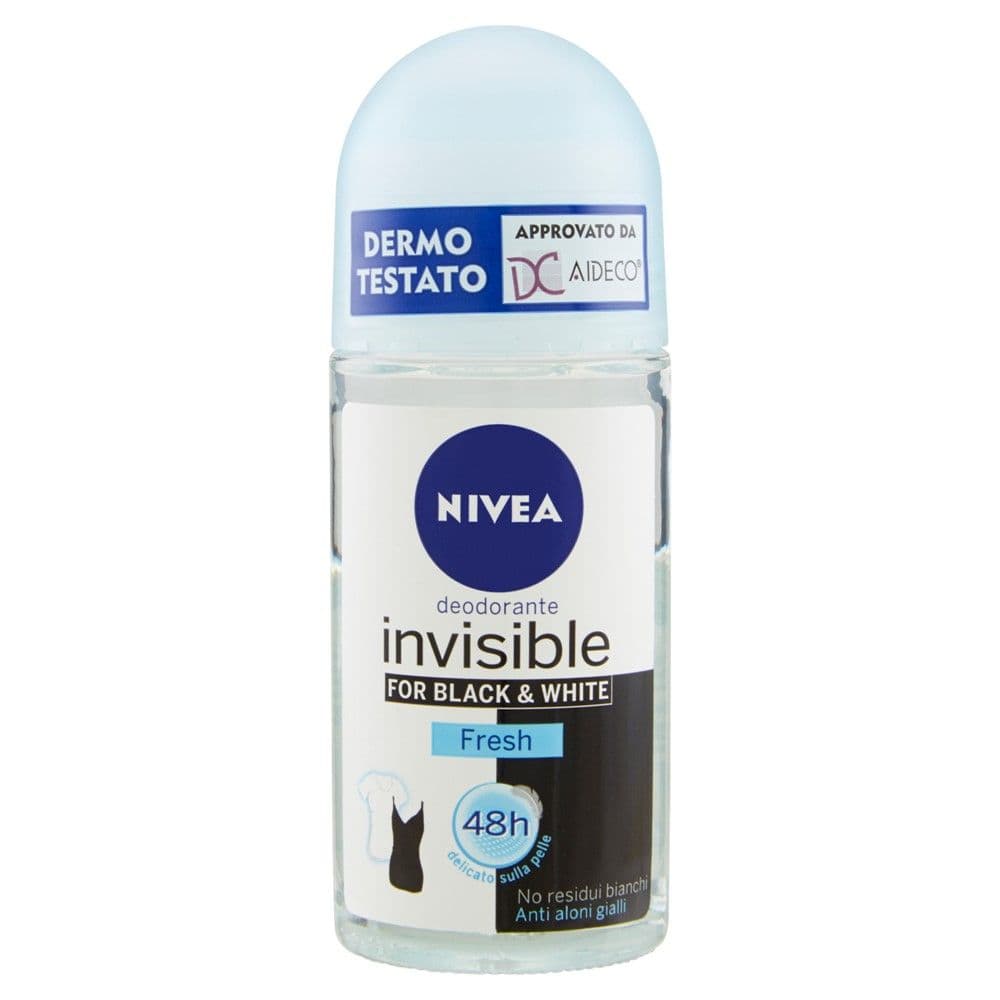 Antidjersë roll-on për femra Black&White, Nivea, plastikë dhe qelq, 50 ml, e kaltër, e bardhë dhe e zezë, 1 copë