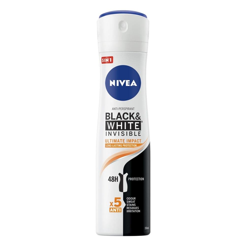 Antidjersë sprai për femra Black&White Ultimate Impact, Nivea, plastikë dhe metal, 150 ml, e bardhë, portokalli dhe e zezë, 1 copë