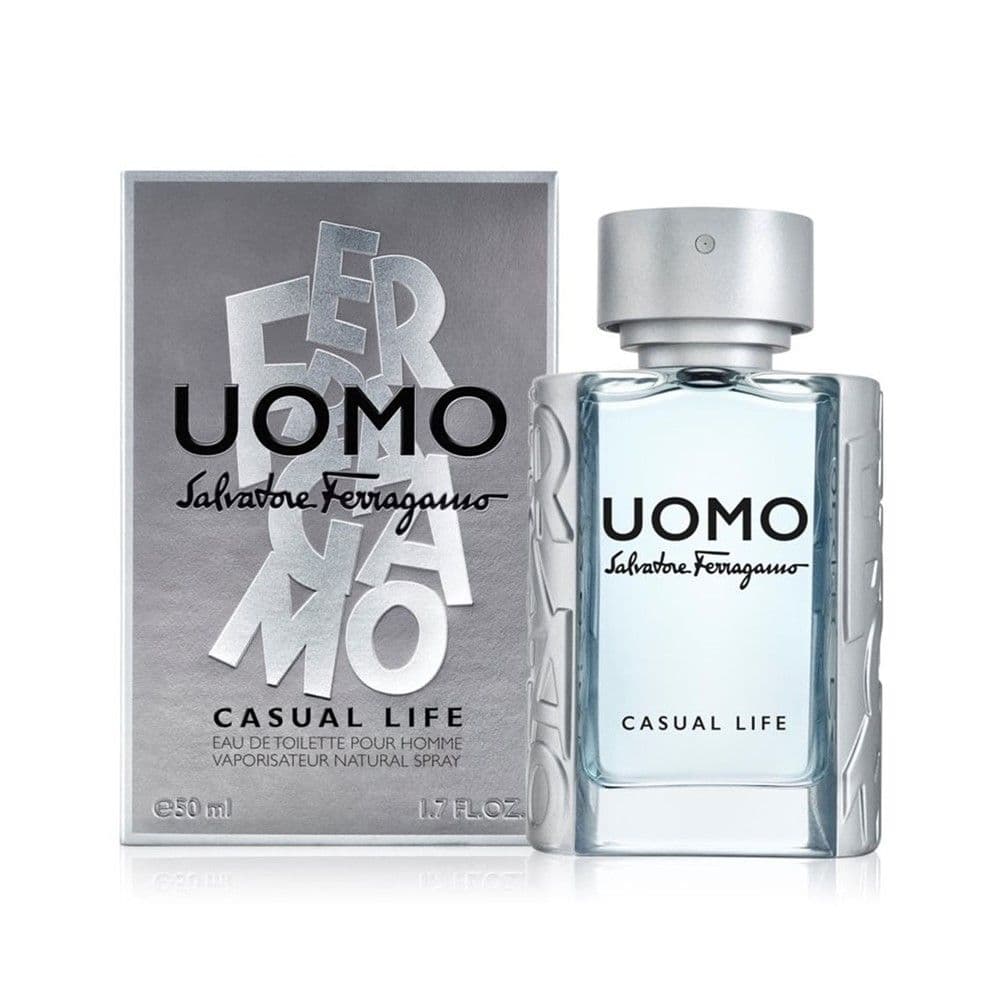 Parfum për meshkuj, Salvatore Ferragamo, Uomo Casual Life, EDT, qelq, 50 ml, argjend, e kaltër dhe transparente, 1 copë