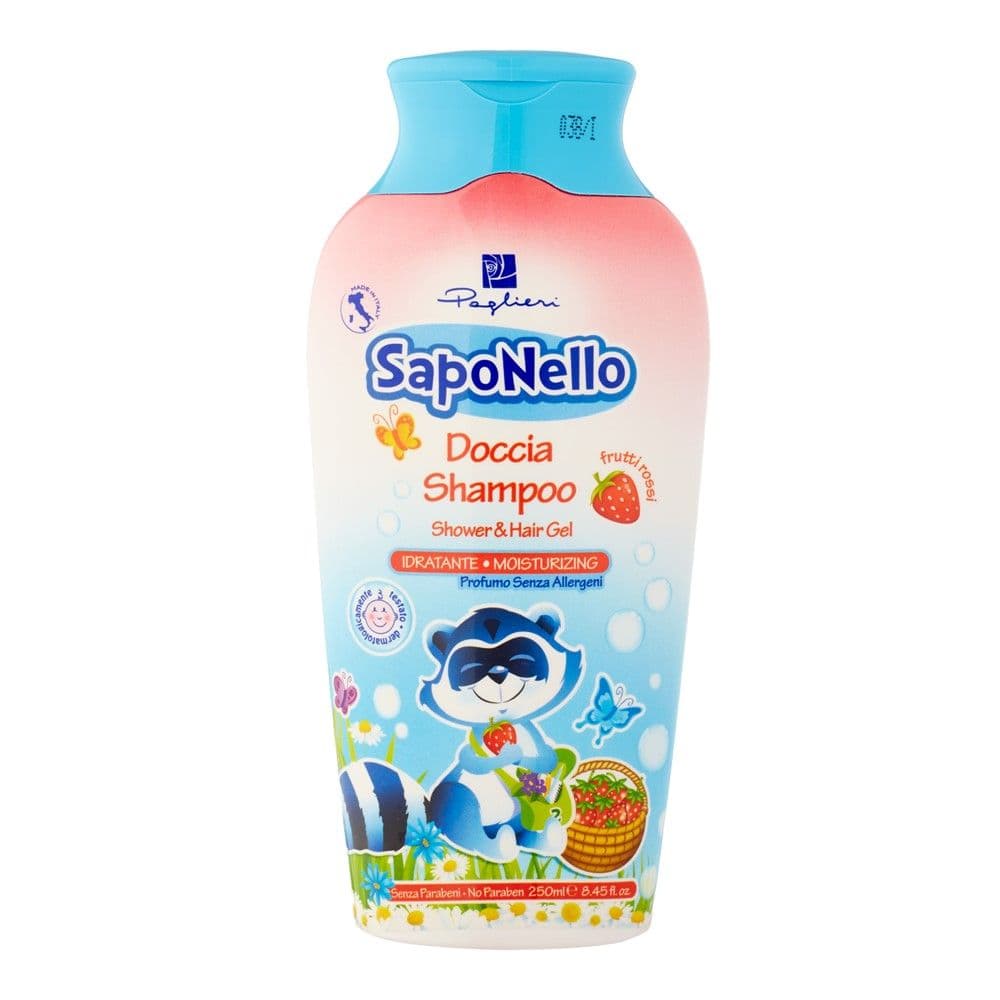 Shampo për fëmijë, për flokët dhe trupin, Saponello, Paglieri, plastikë, 250 ml, e kaltër dhe e kuqe, 1 copë