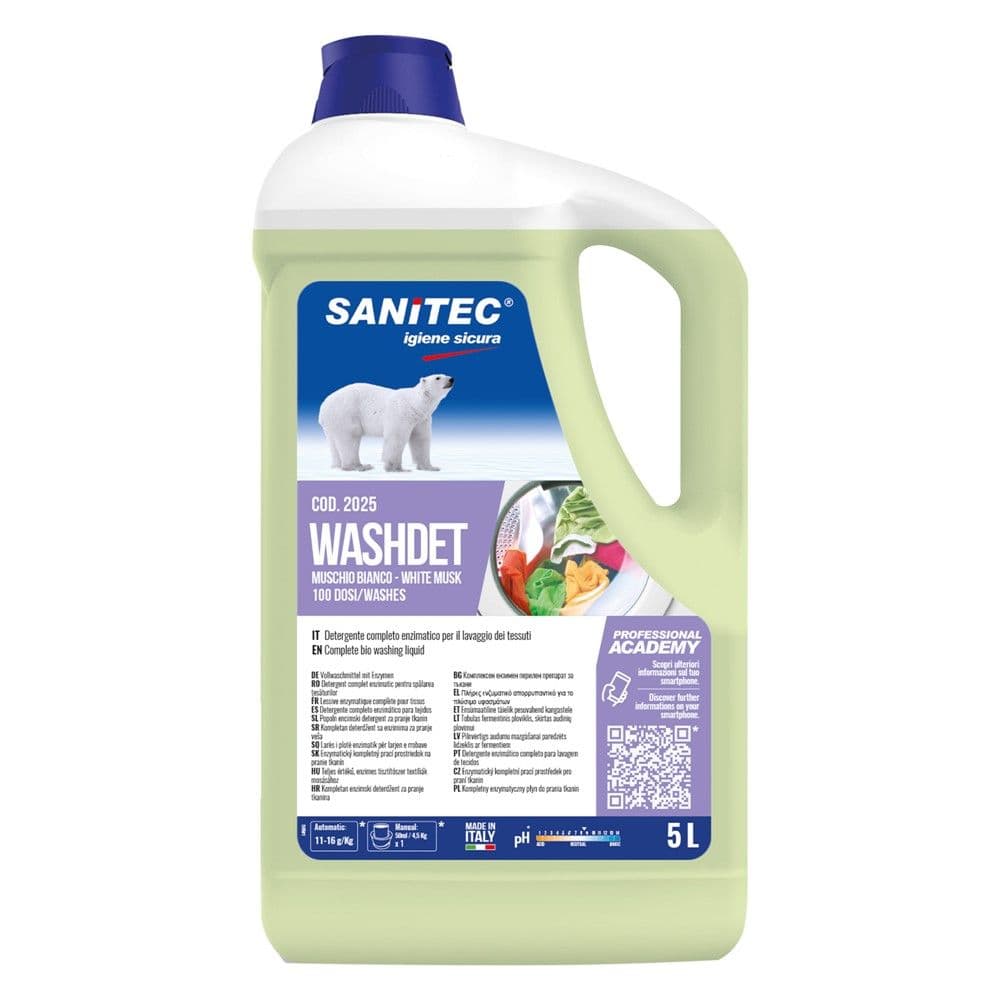 Detergjent larës për rrobat, Muschio Bianco, Sanitec, plastikë, 5 lt, e bardhë dhe blu, 1 copë