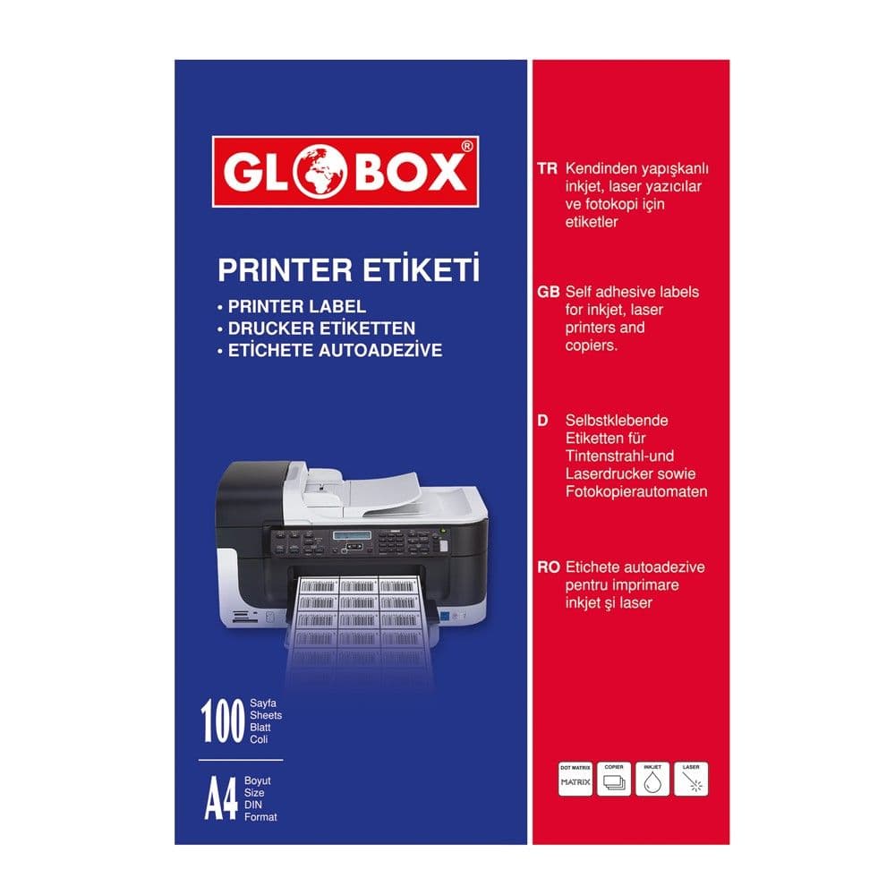 Etiketa ngjitëse për printer, Globox, letër, A4, 7x2.3 cm, blu dhe e kuqe, 100 fletë