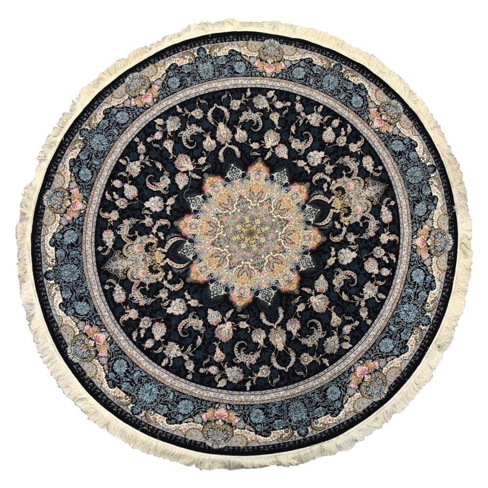 Tapet Persian i rrumbullakët, 100% akrilik, blu e errët me ngjyra të ndryshme, Dia. 200 cm