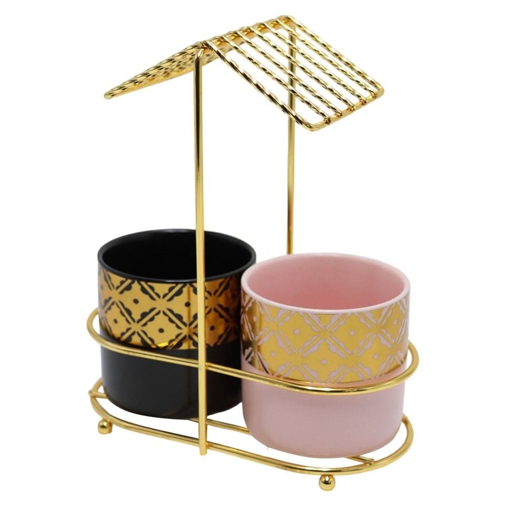 Set filxhana me mbajtëse formë tende (PK 2), qelq/metal, e zezë/rozë/floriri, 17x21 cm