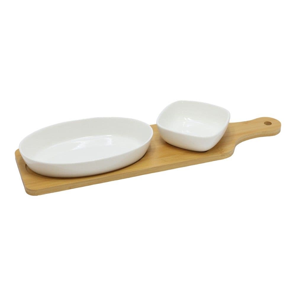 Set tasa antipasta me mbajtëse, qeramikë/bambu, e bardhë/kafe, 12x38x4 cm