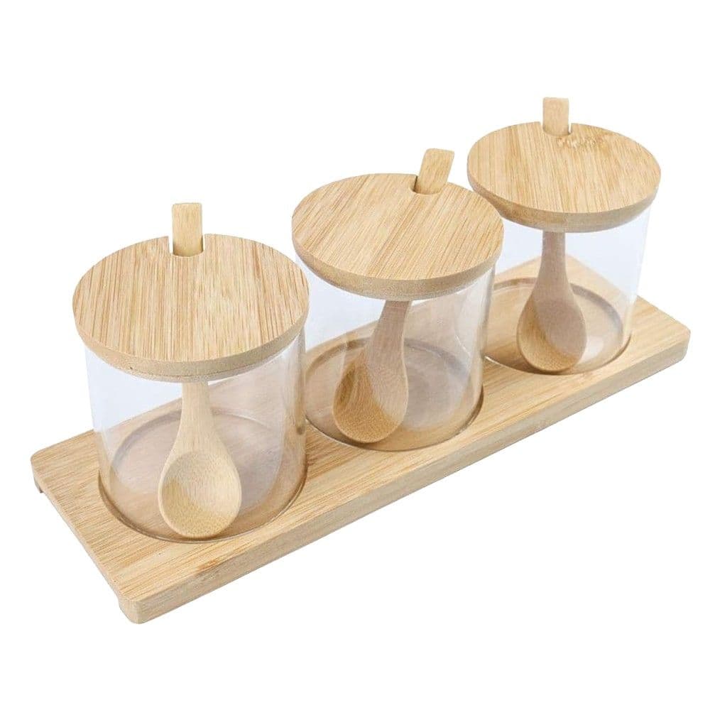 Set kavanoza konservimi me lugë (PK 3), qelq / bambu, transparente, H8.5 cm / 320 ml
