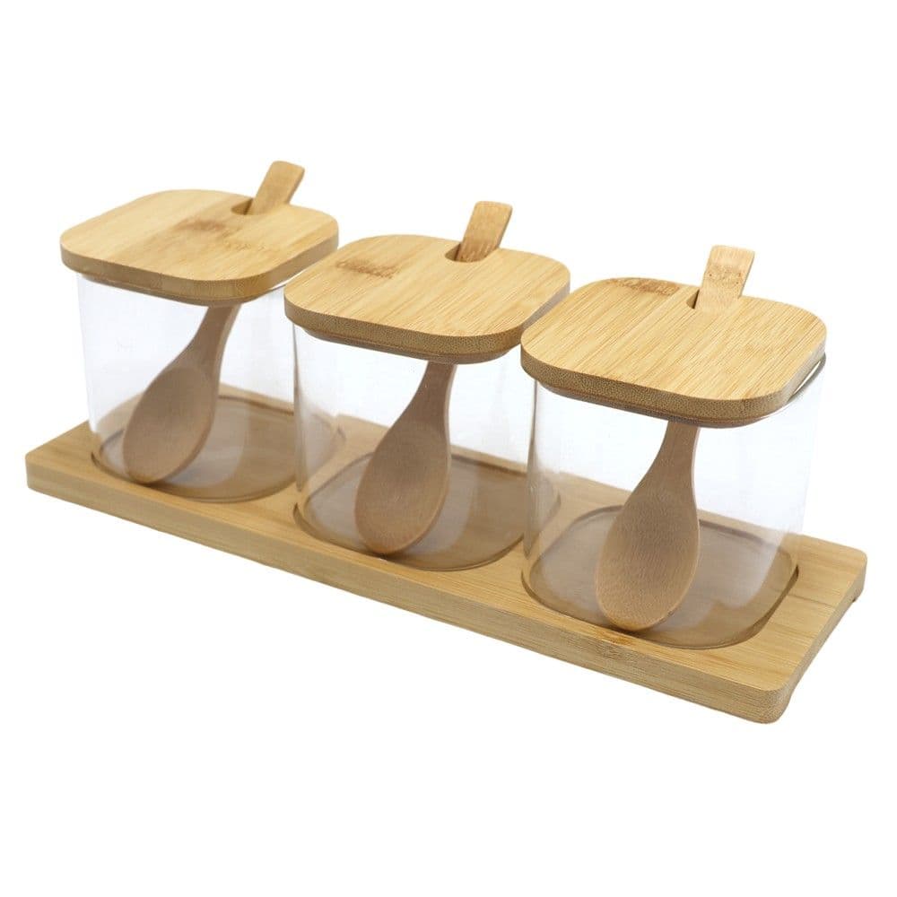 Set kavanoza konservimi me lugë (PK 3), qelq / bambu, transparente, 350 ml