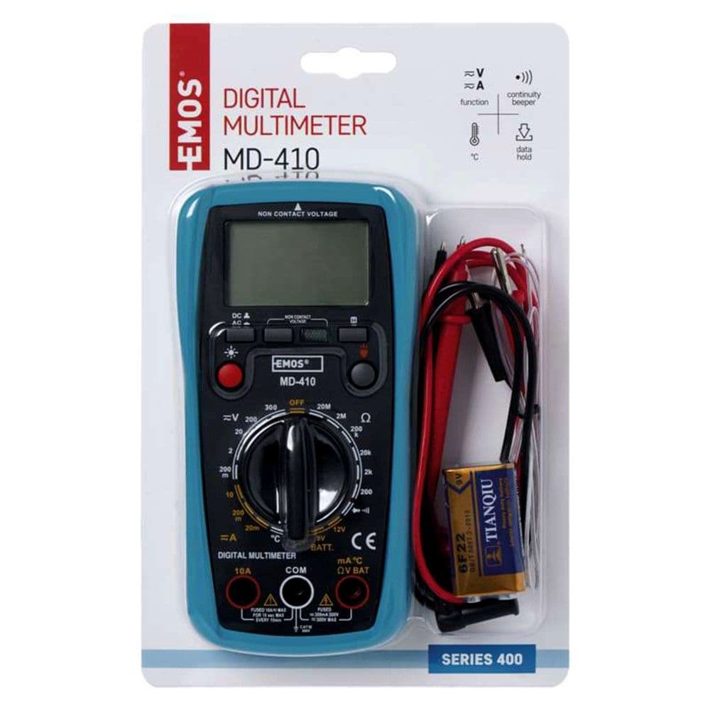 Multimeter, Emos, 200 mV – 300 V AC, 20 mA – 10 A AC, 200 mV – 300 V DC, 20 mA – 10 A DC, 200 Ohm – 20 MOhm, 0 °C to +1 000 °C, 1x9 V