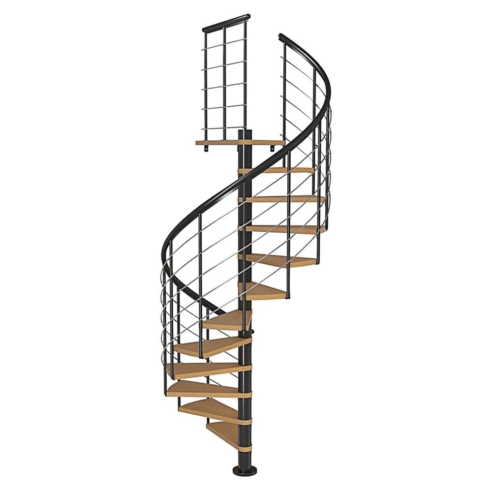 Shkalle Spirale Caligary, me shkelje dru ahu, ø140 cm, H280 cm, 11 shkelje + pedani, shkeje ngjyre natyrale dhe struktua ngjyre bardhe