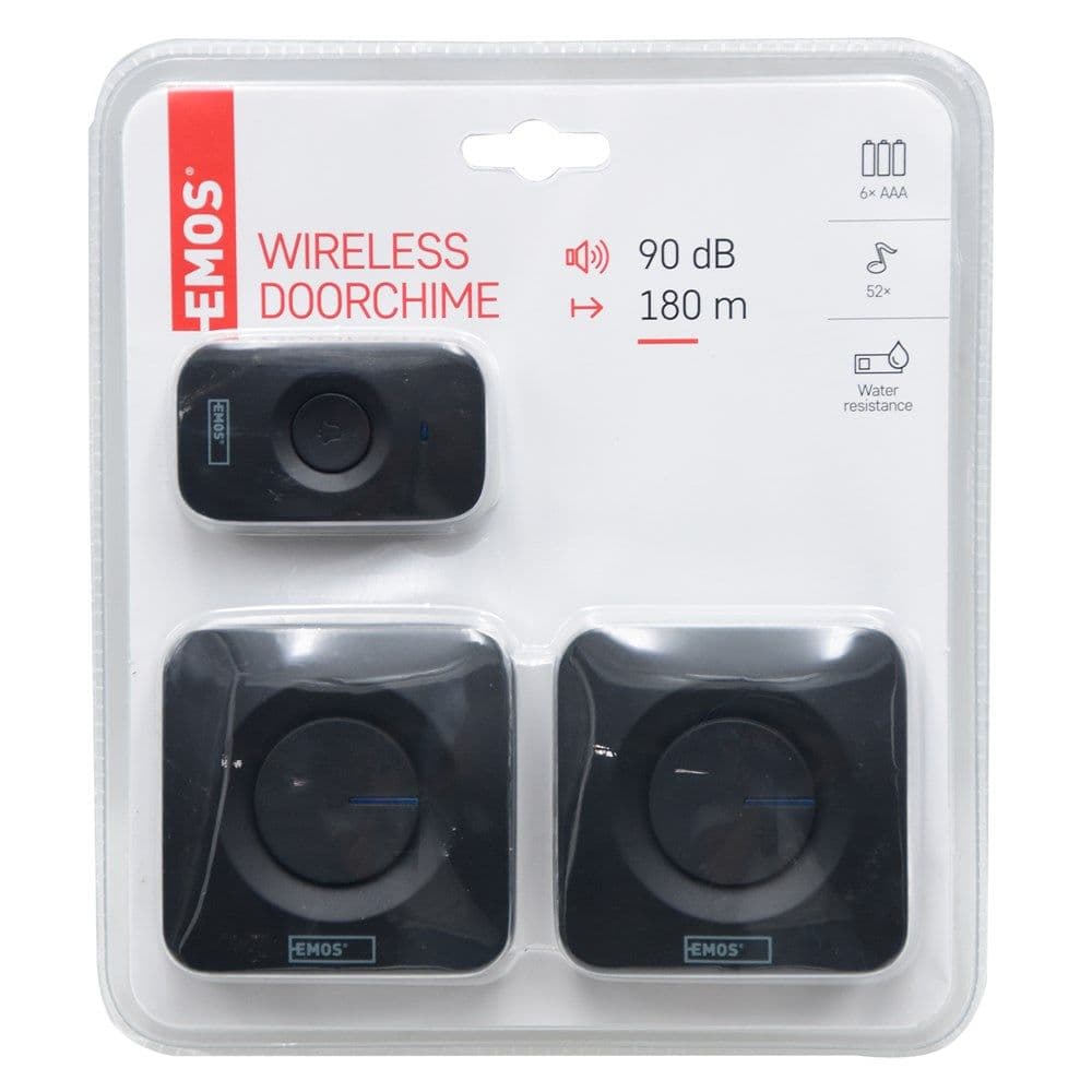 Zile dere, Wireless, Emos, 180 m max, 52 melodi, 90 dB, 1× 12 V A23 / 3× 1,5 V AAA, 433 MHz