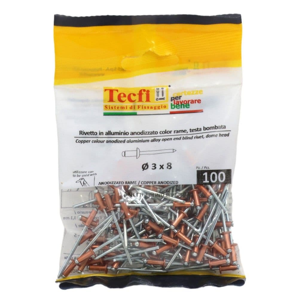 Perçina alumini anodizuara me ngjyrë bakri /çeliku, Ø 3,0 x 8mm , Bag 100