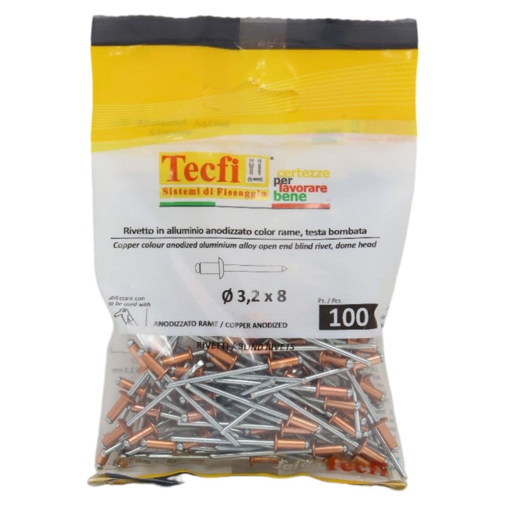 Perçina alumini anodizuara me ngjyrë bakri /çeliku, Ø 3,2 x 8mm , Bag 100