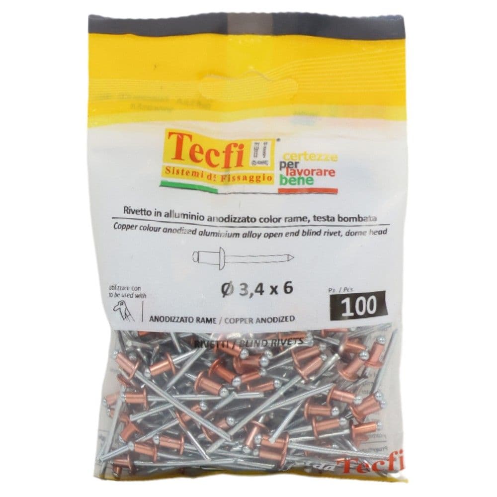 Perçina alumini anodizuara me ngjyrë bakri /çeliku, Ø 3,4 x 6mm , Bag 100