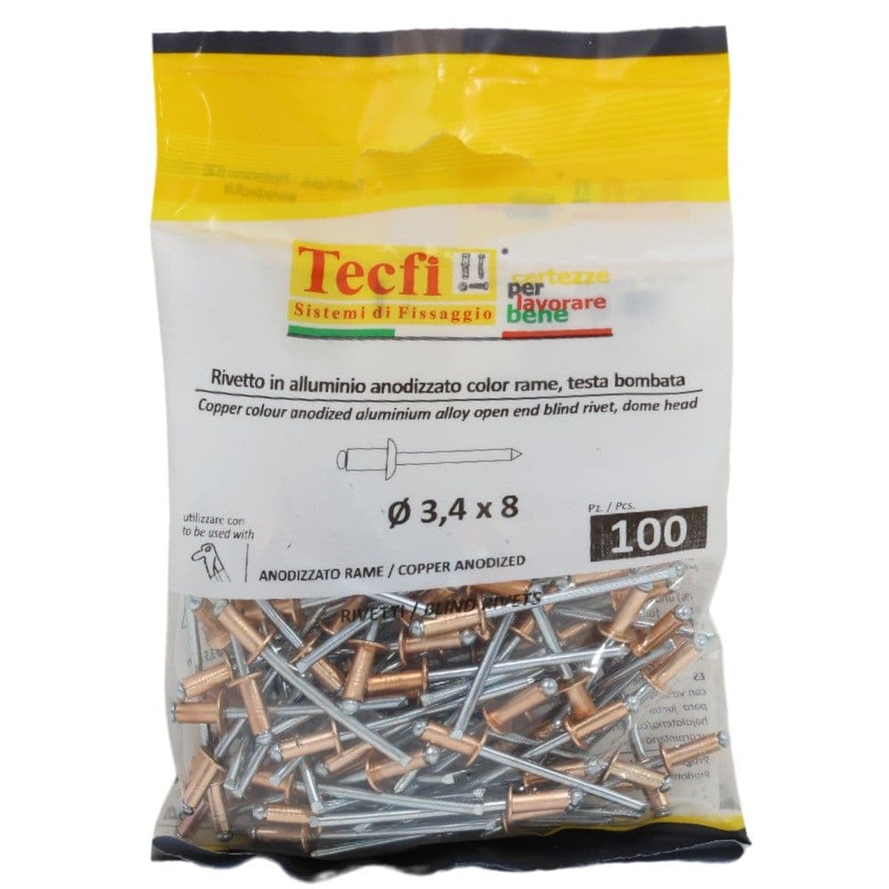 Perçina alumini anodizuara me ngjyrë bakri /çeliku, Ø 3,4 x 8mm , Bag 100