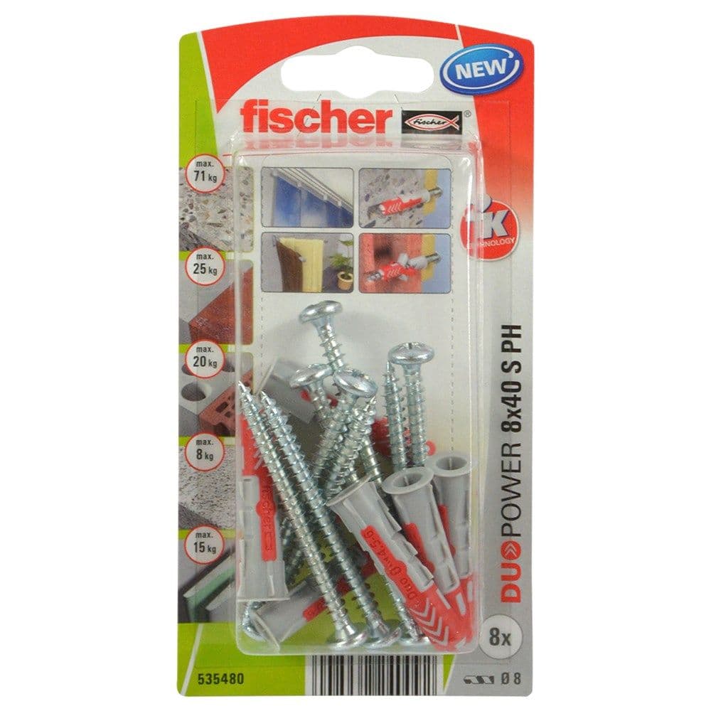 Fischer upa plastike universale DUOPOWER 8 x 40 & vida kokë tigan 5.0 x 60