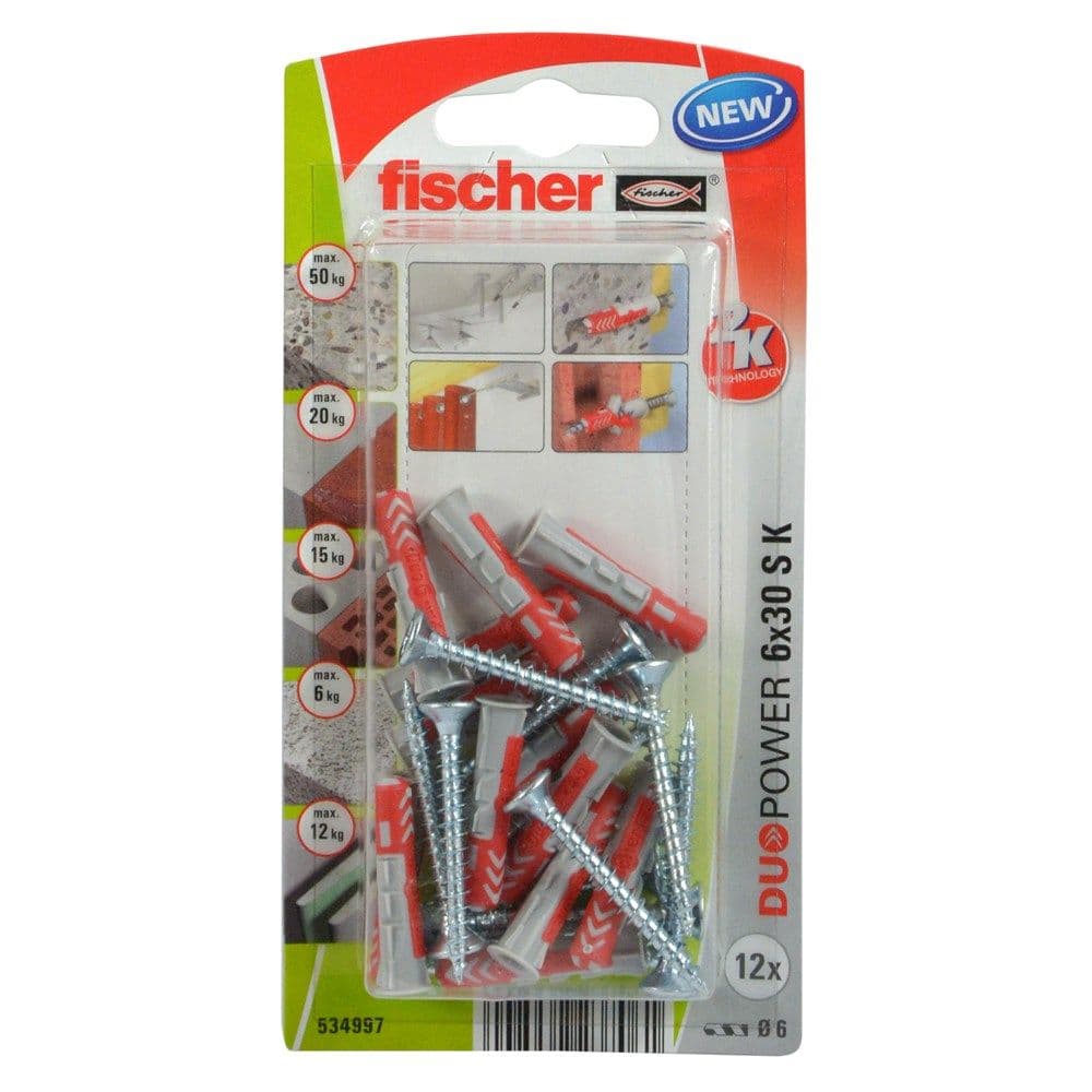 Fischer upa plastike universale DUOPOWER 6 x 30 & vida kokë kryq 4.5 x 40