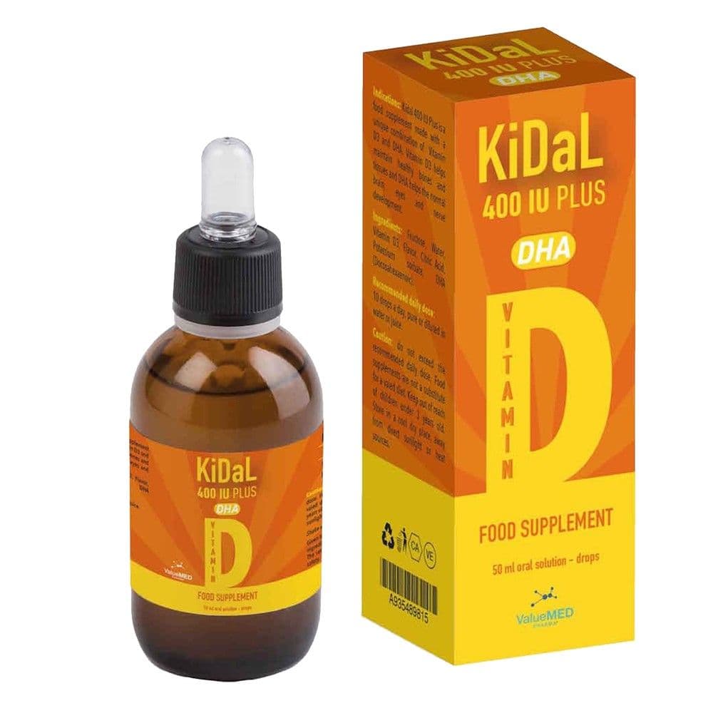 Suplement ushqimor me 400 IU vitaminë D, vaj peshku dhe DHA, për fëmijë, Kidal